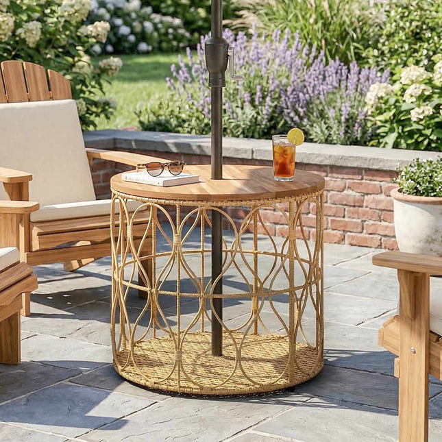 Round Outdoor Side Table, Acacia Wood Top, Rattan Look