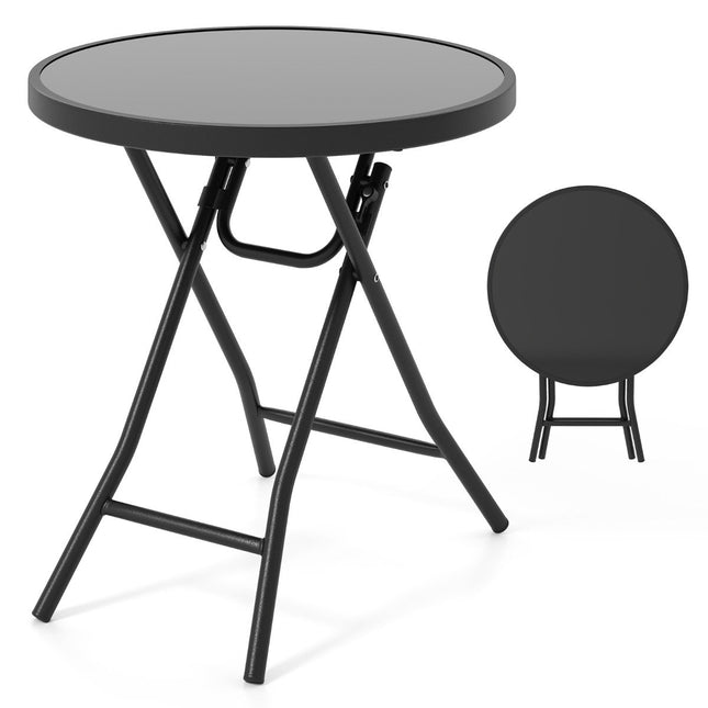 Round Patio Coffee Table with Tempered Glass Top &amp; Metal Frame Folding Side Table Black