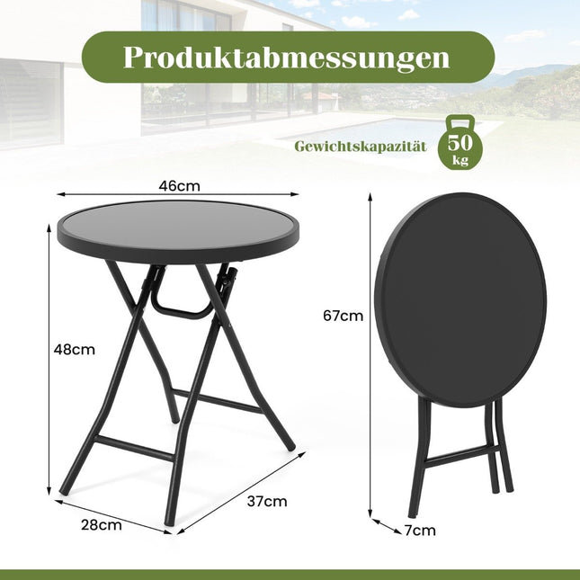 Round Patio Coffee Table with Tempered Glass Top &amp; Metal Frame Folding Side Table Black