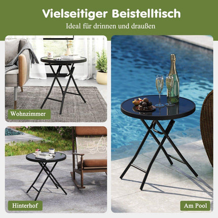 Round Patio Coffee Table with Tempered Glass Top &amp; Metal Frame Folding Side Table Black