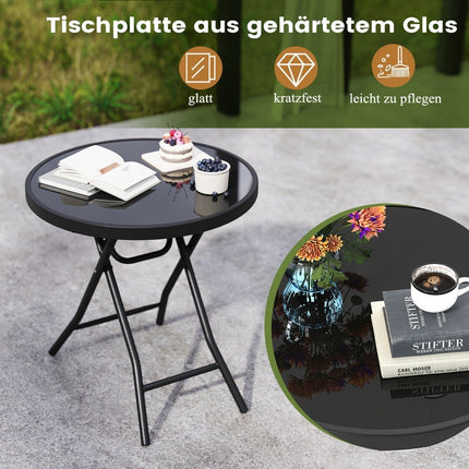 Round Patio Coffee Table with Tempered Glass Top &amp; Metal Frame Folding Side Table Black