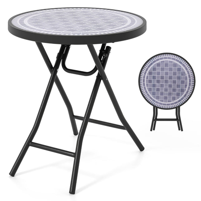 Round Patio Coffee Table with Tempered Glass Top &amp; Metal Frame Folding Side Table Gray
