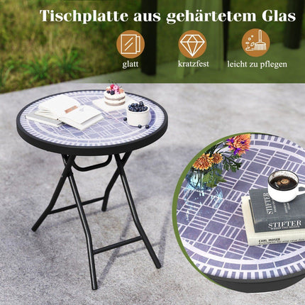 Round Patio Coffee Table with Tempered Glass Top &amp; Metal Frame Folding Side Table Gray