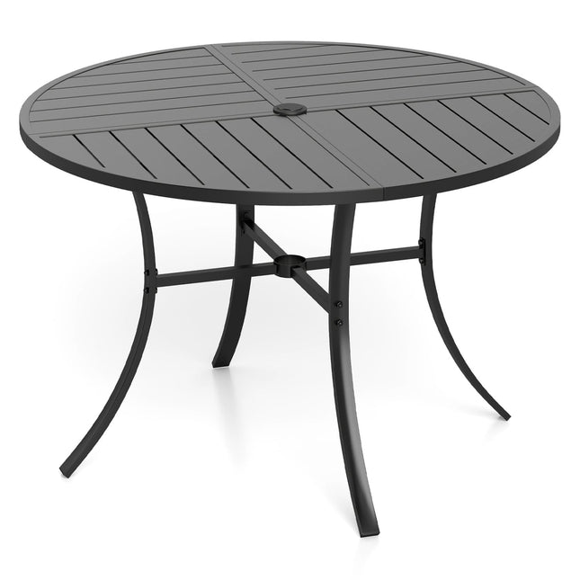 Round Patio Dining Table, 42.5 Inch Metal Slat, Umbrella Hole, Black