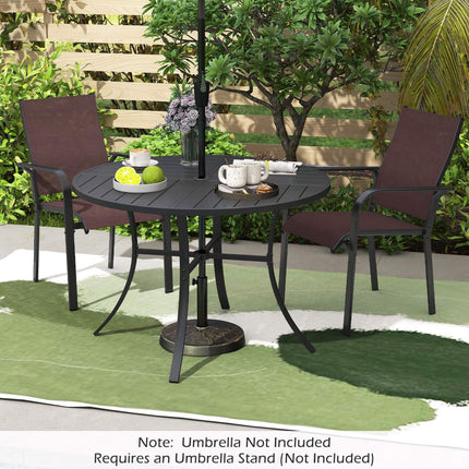 Round Patio Dining Table, 42.5 Inch Metal Slat, Umbrella Hole, Black