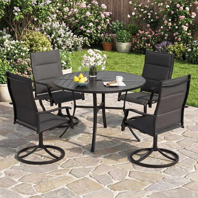 Round Patio Dining Table, 42.5 Inch Metal Slat, Umbrella Hole, Black