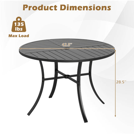 Round Patio Dining Table, 42.5 Inch Metal Slat, Umbrella Hole, Black