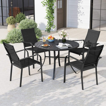 Round Patio Dining Table, 42.5 Inch Metal Slat, Umbrella Hole, Black
