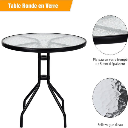 Round Patio Table 70cm, Tempered Glass, Umbrella Hole