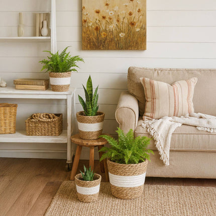 Round Plant Pot Set of 3 – Reed Design, Liner Included