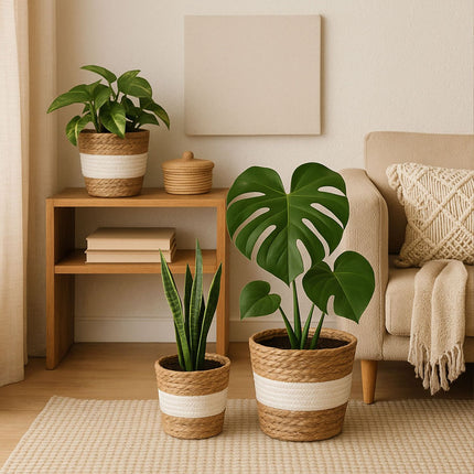 Round Plant Pot Set of 3 – Reed Design, Liner Included