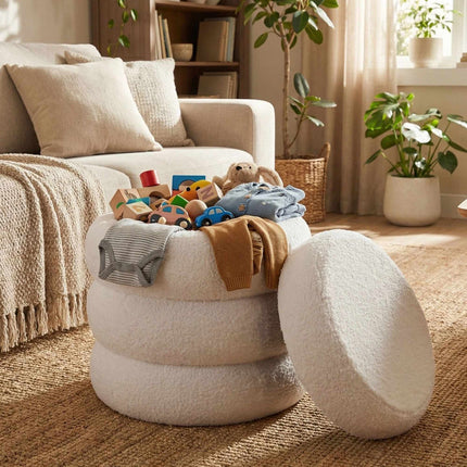 Round Plush Footstool – Teddy Fabric, Padded Seat