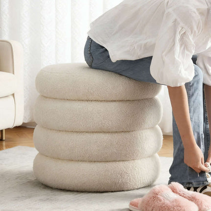 Round Plush Footstool – Teddy Fabric, Padded Seat