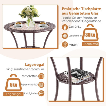 Round Rattan Outdoor Table with Glass Top and Shelf