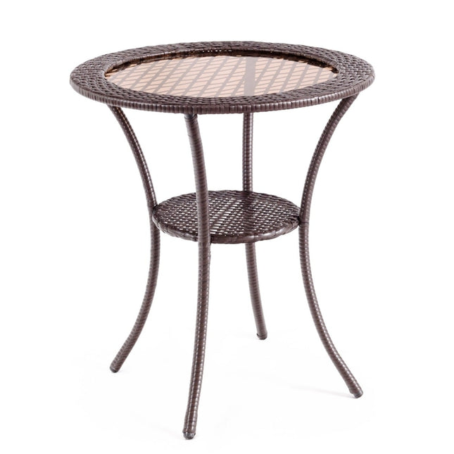 Round Rattan Outdoor Table with Glass Top and Shelf