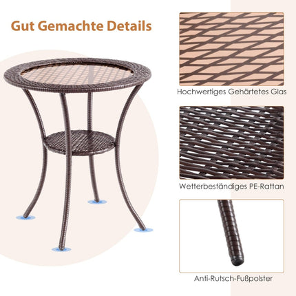 Round Rattan Outdoor Table with Glass Top and Shelf