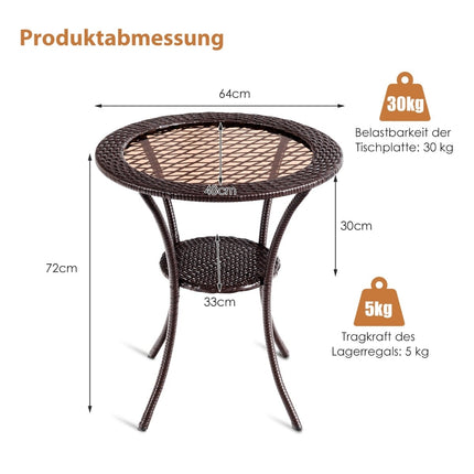 Round Rattan Outdoor Table with Glass Top and Shelf