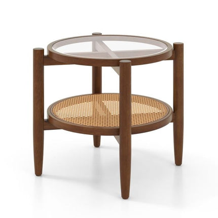 Round Rattan Side Table With Tempered Glass Top, 2-Tier