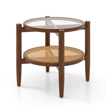 Round Rattan Side Table With Tempered Glass Top, 2-Tier