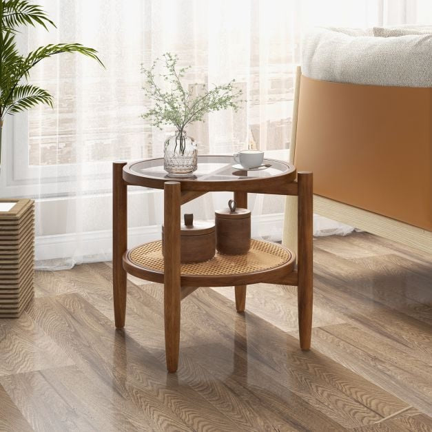 Round Rattan Side Table With Tempered Glass Top, 2-Tier
