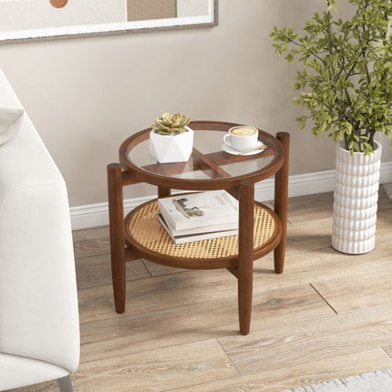 Round Rattan Side Table With Tempered Glass Top, 2-Tier