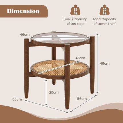 Round Rattan Side Table With Tempered Glass Top, 2-Tier
