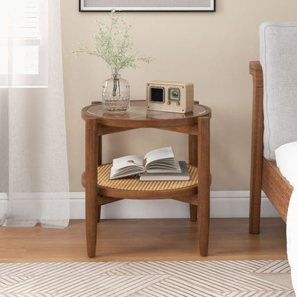 Round Rattan Side Table With Tempered Glass Top, 2-Tier