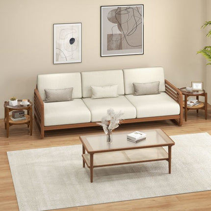 Round Rattan Side Table With Tempered Glass Top, 2-Tier