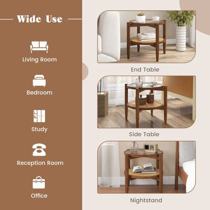 Round Rattan Side Table With Tempered Glass Top, 2-Tier