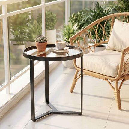 Round Side Table, Tempered Glass Top, Black 45 cm