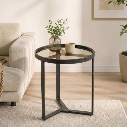 Round Side Table, Tempered Glass Top, Black 45 cm