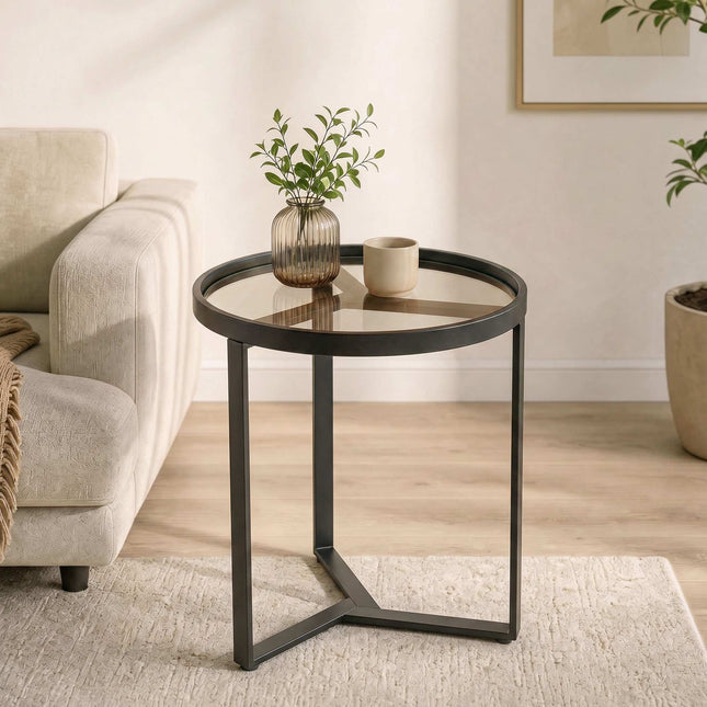 Round Side Table, Tempered Glass Top, Black 45 cm