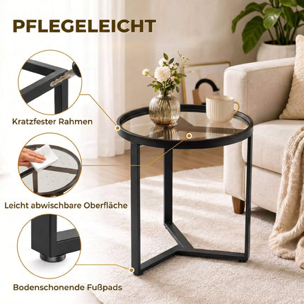 Round Side Table, Tempered Glass Top, Black 45 cm
