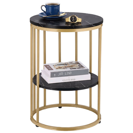 Round Side Table with 2 Marble-Look Shelves, Iron Frame – Gold, Black