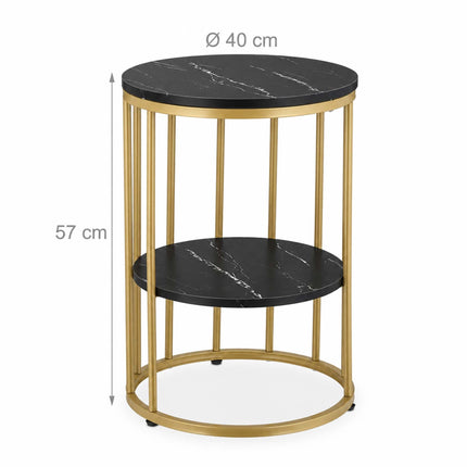 Round Side Table with 2 Marble-Look Shelves, Iron Frame – Gold, Black