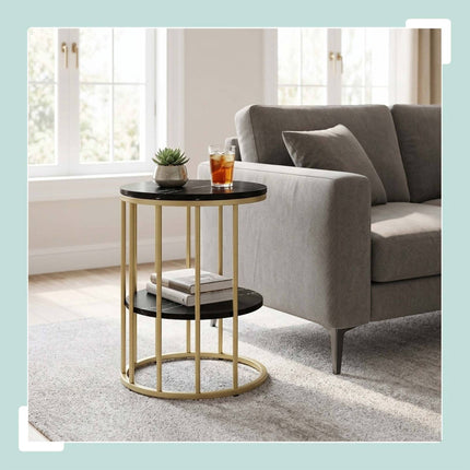 Round Side Table with 2 Marble-Look Shelves, Iron Frame – Gold, Black