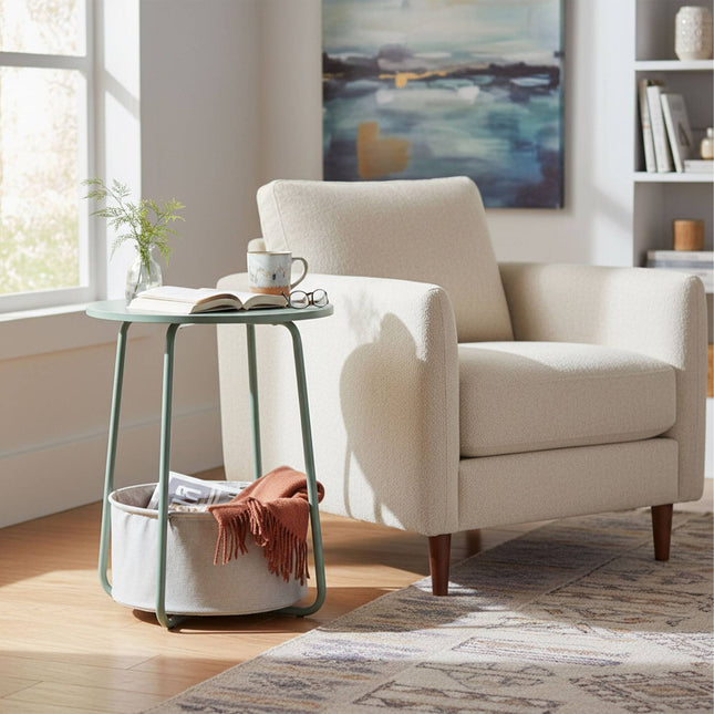 Round Side Table with Fabric Storage Basket