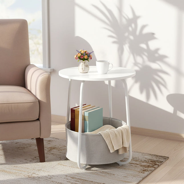 Round Side Table with Metal Frame and Fabric Basket