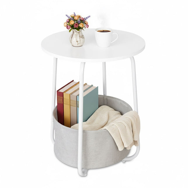 Round Side Table with Metal Frame and Fabric Basket