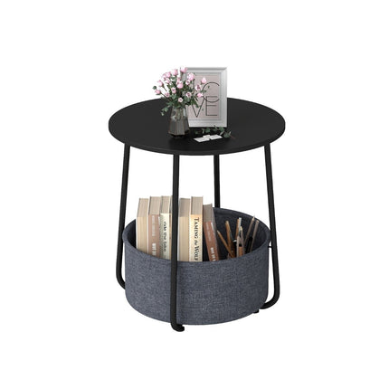 Round Side Table with Storage Basket, Black Metal Frame