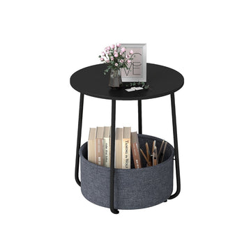 Round Side Table with Storage Basket, Black Metal Frame