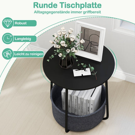 Round Side Table with Storage Basket, Black Metal Frame