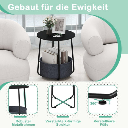 Round Side Table with Storage Basket, Black Metal Frame