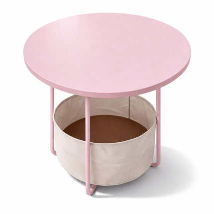 Round Side Table with Storage Basket, Metal Frame