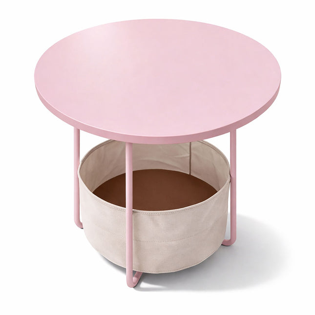 Round Side Table with Storage Basket, Metal Frame