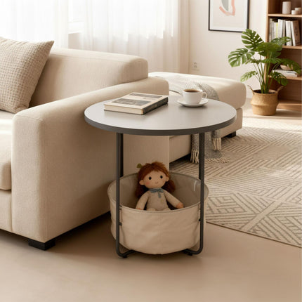 Round Side Table with Storage Basket, Metal Frame