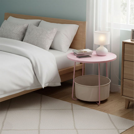 Round Side Table with Storage Basket, Metal Frame