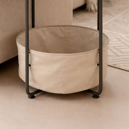 Round Side Table with Storage Basket, Metal Frame