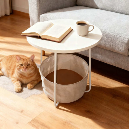 Round Side Table with Storage Basket, Metal Frame