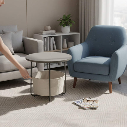 Round Side Table with Storage Basket, Metal Frame